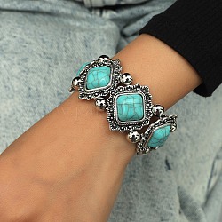 Bracelet extensible en perles de losange en alliage de style bohème, avec perles acryliques imitation turquoise, argent antique, diamètre intérieur: 2-1/8 pouce (5.3 cm)