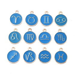 Pendentifs d'émail en alliage, plat rond avec constellation / signe du zodiaque, or, Dodger bleu, 15x12x2mm, Trou: 1.5mm, environ 12 pcs / ensemble