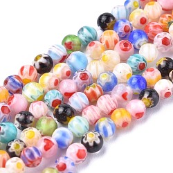 Main ronde perles de verre de millefiori brins, couleur mixte, 4mm, Trou: 0.5mm, Environ 98 pcs/chapelet, 13.7 pouce