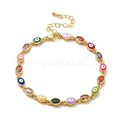 Bracelet chaîne à maillons ovales en verre et mauvais œil en émail, bijoux en laiton doré pour femme, colorées, 7-1/4 pouce (18.3 cm)