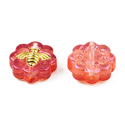 Perles de verre peintes par pulvérisation transparent, avec poudre scintillante et accessoires en laiton doré, fleur avec abeilles, tomate, 12x12x5mm, Trou: 1mm