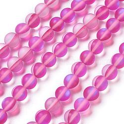 Synthetic Moonstone Beads Strands, Holographic Beads, Half AB Color Plated, Frosted, Round, Magenta, 8mm, Hole: 1mm, about 46pcs/strand, 15 inch