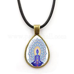 Collier pendentif en forme de larme en alliage sur le thème du yoga avec corde de cire pour femme, bleu ciel, 16.93 pouce (43 cm)