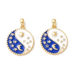 Rack Plating Brass Micro Pave Clear Cubic Zirconia Pendants, with White & Blue Enamel, Cadmium Free & Nickel Free & Lead Free, Flat Round with Sun, Real 18K Gold Plated, 20.5x18x2mm, Hole: 4.5x2mm