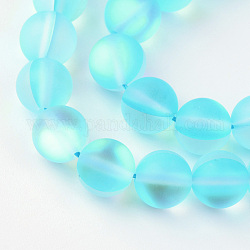 Chapelets de perles en pierre de lune synthétique, perles holographiques, teinte, mat, ronde, bleu profond du ciel, 8mm, Trou: 1mm, Environ 45~47 pcs/chapelet, 14~15 pouce