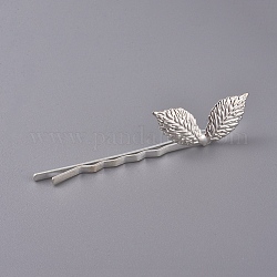 Capelli di ferro bobby pin, con accessori di ottone, foglia, colore argento placcato, 64x4mm, foglia: 27x12 mm