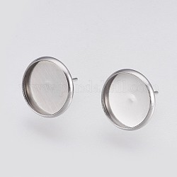 202 Stainless Steel Stud Earring Settings, with 304 Stainless Steel Pin, Flat Round, Stainless Steel Color, Tray: 12mm, 14x2mm, Pin: 0.8mm