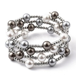 Bracelets à la mode à quatre boucles, avec Shell perles de nacre, 304 perles en acier inoxydable et fil à mémoire en acier, grises , diamètre intérieur: 2-1/8 pouce (5.4 cm)