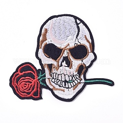 機械刺繍布地手縫い/アイロンワッペン  マスクと衣装のアクセサリー  アップリケ  バラで頭蓋骨  フローラルホワイト  86x96x1.5mm