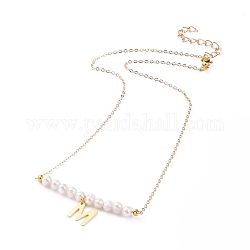 Natural Freshwater Pearl Pendant Necklaces, with Brass Cable Chains, 304 Stainless Steel Letter Charms and Lobster Claw Clasps , Letter.M, 18.3 inch(46.5cm), Letter M: 11x10.5x0.6mm