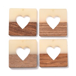 Pendenti in resina e legno di noce, piazza con il cuore, colore misto, 38x38x3mm, Foro: 2 mm