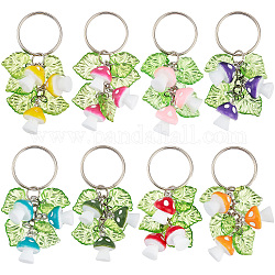 Resin Mushroom Keychain, with Acrylic Leaf and Iron Keychain Ring, Mixed Color, 6.8cm, 8pcs/set
