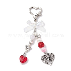 Decorazioni pendenti in acrilico con fiocco a farfalla e cuore, con chiusure a moschettone in lega a forma di cuore, rosso, 108.5mm