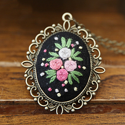 DIY Embroidery Flower Pendant Necklace Making Kit, Including Alloy Cable Chains & Pendant Cabochon Settings, Needle Pin, Cotton Thread, Plastic Embroidery Hoops, Black, 460mm