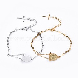 304 Stainless Steel Charm Bracelets, Religion Theme, Oval and Cross, Rosary Center Pieces, Mixed Color, 6-3/4 inch(17~17.25cm), 2.8mm