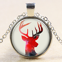 Navidad reno / ciervo patrón plano redondo cristal collares pendientes, con cadenas de aleación, color plateado, 18 pulgada