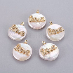 Natural Cultured Freshwater Pearl Pendants, with Brass Micro Pave Cubic Zirconia Cabochons, Nuggets with Word Love, Clear, Golden, 14~28x12~22x5~12mm, Hole: 1.2mm