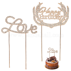 CRASPIRE 2Pcs 2 Styles Alloy & Rhinestone Cake Toppers, for DIY Cake Decoration, Word Love & Happy Birthday, Light Gold, 134~154x94x3mm, 1pc/style