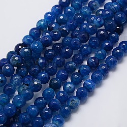 Natural Agate Round Beads Strand, Dyed, Faceted, Blue, 8mm, Hole: 1mm, about 47pcs/strand, 15.35 inch
