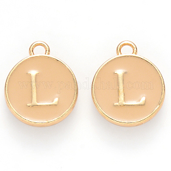 Golden Plated Alloy Enamel Charms, Cadmium Free & Lead Free, Enamelled Sequins, Flat Round with Letter, Wheat, Letter.L, 14x12x2mm, Hole: 1.5mm