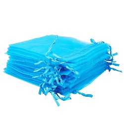Organza Bags, Rectangle, Deep Sky Blue, about 10cm wide, 15cm long