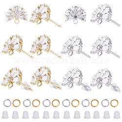 CREATCABIN 12Pcs 2 Color Brass Pave Clear Cubic Zirconia Flower Stud Earring Findings, with Horizontal Loops & 40Pcs Jump Rings & 50Pcs Plastic Ear Nuts, Platinum & Golden, 15mm, Pin: 0.7mm, 6Pcs/color