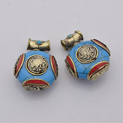 Handmade Tibetan Style Flat Round  Pendants, Brass Findings and Synthetic Turquoise, Antique Silver, 37x28x18mm, Hole: 5mm