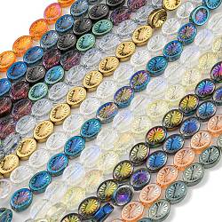 Electroplate Glass Beads Strands, Oval with Flower, Mixed Color, 14x10.4x4.8mm, Hole: 1.2mm, about 45pcs/strand, 25.04 inch(63.6cm)
