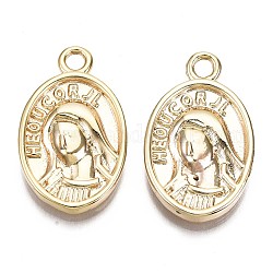 Pendentifs en laiton, sans nickel, ovale avec la Vierge Marie, véritable 18k plaqué or, 25x15x4mm, Trou: 2mm