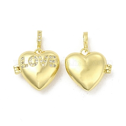 Colgantes de medallón de latón con micro circonitas transparentes de latón, corazón con amuletos de amor de la palabra, la luz de oro, 20x21x7.5mm, agujero: 5.5x3 mm