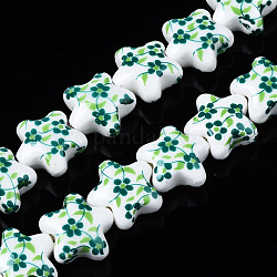 Handmade Porcelain Ceramic Beads Strands, Flower Printed, Star, Green, 15x16x8mm, Hole: 2.5mm, about 22pcs/strand, 12.4 inches(31.5cm)
