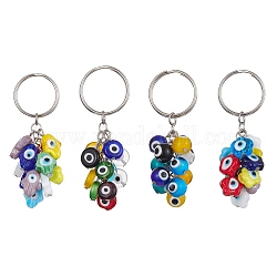 Porte-clés de perles de lampadaire mauvais œil fait à la main, avec porte-clés fendus, rond/main de hamsa/rond plat/fleur, 7.6 cm