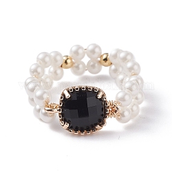 Anello da dito quadrato in vetro bling, anello intrecciato con perle di conchiglia vintage per donna ragazza, oro, nero, misura degli stati uniti 9 (18.9mm)