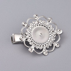 Hair Accessories Iron Alligator Hair Clip Findings, with Brass Filigree Flower Cabochon Bezel Settings, Platinum, Tray: 12mm, 34.5mm, Flower: 28mm