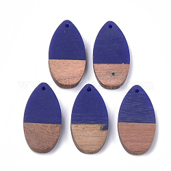 Colgantes de resina & madera, lágrima, azul, 31x16x3.5~4mm, agujero: 1.5 mm