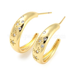 Rack Plating Brass C Shape Stud Earrings with Clear Cubic Zirconia, Half Hoop Earrings for Women, Cadmium Free & Lead Free, Long-Lasting Plated, Real 18K Gold Plated, 24x6.5mm