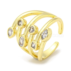 Real 18K Gold Plated Brass Micro Pave Clear Cubic Zirconia Open Cuff Rings, Heart, US Size 7 3/4(17.9mm)