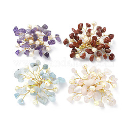 Brosche mit natürlichen, gemischten Edelsteinsplittern und Perlenblumen, Goldene 304 Anstecknadel aus Edelstahl mit Drahtwicklung für Damen, 45~55x55~60x10 mm