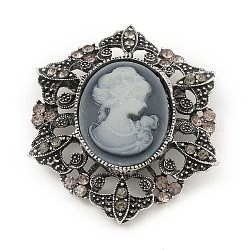 Spilla in strass in lega per zaino porta abiti, con resina, fiore con le donne, argento antico, 58x48x13.5mm