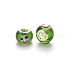 Perles européennes vernissées manuelles, perles de rondelle avec grand trou , en laiton de tonalité de platine noyaux doubles, avec motif de sourire, lime green, 14~16x9~10mm, Trou: 5mm