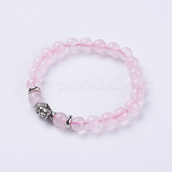 Rosa naturale perle di quarzo si estendono braccialetti, con la conclusione della lega, la testa del buddha, 2-1/8 pollice (55 mm)