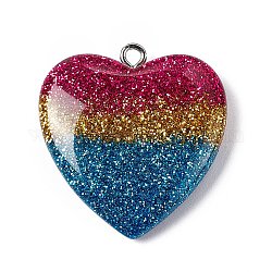 Pendenti in resina trasparente color arcobaleno, ciondoli a cuore in polvere glitterata, con anse in ferro tono platino, colorato, 28.7x27x6.3mm, Foro: 2 mm