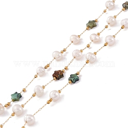 Cadenas de cuentas de perlas y estrellas de turquesa africana natural (jaspe), con fornituras de acero inoxidable, Plateado de larga duración, soldada, con carrete, dorado, link: 2x0.5x0.1 mm, grano: 5.5~7x5.5~6 mm, estrella: 6x6~6.5x2.5~3 mm
