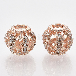 Perlas europeas de aleación chapada en oro rosa, con diamantes de imitación, Abalorios de grande agujero, hueco, rerondana plana, cristal, 13x11.5mm, agujero: 4.5 mm