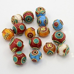 Mischhandgemachten tibetischen Stil Perlen, Messing Zubehör mit Bienenwachs, synthetischen Türkis und Koralle, Mischfarbe, 16~20x17~21x17~21 mm, Bohrung: 2~3 mm