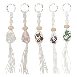 Cordon de coton ciré tressé pochette en macramé porte-pierres précieuses porte-clés, avec perles en bois et 304 porte-clés fendu en acier inoxydable, 19~20 cm