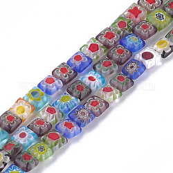 Millefiori perle di vetro fili, quadrato, colorato, 6x6x3~3.5mm, Foro: 1 mm, circa 65pcs/filo, 14.7 pollice