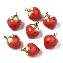 Handgemachte Porzellan-Anhänger, mit vergoldenden Messing Zubehör, famille rose-Stil, 3 d Erdbeere, rot, 18~20x13.5~15 mm, Bohrung: 1.6 mm