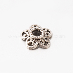 5-Petal Tibetan Style Alloy Bead Cap, Flower, Lead Free, Antique Silver, 3x12mm, Hole: 3mm