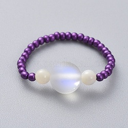 Glasperlen dehnen Ringe, mit mattierten synthetischen Mondsteinperlen und Muschelperlen, Runde, blau violett, Größe 10, 20 mm